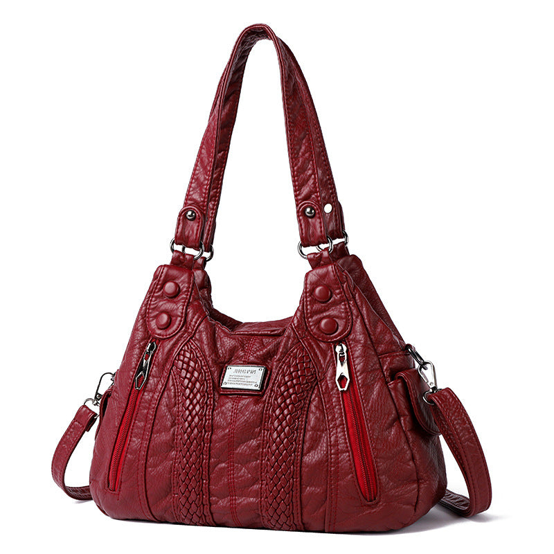 Real Washed Leather Woven Locomotive Commuter Large Capacity Soft Leather Portable Shoulder Bag For Women