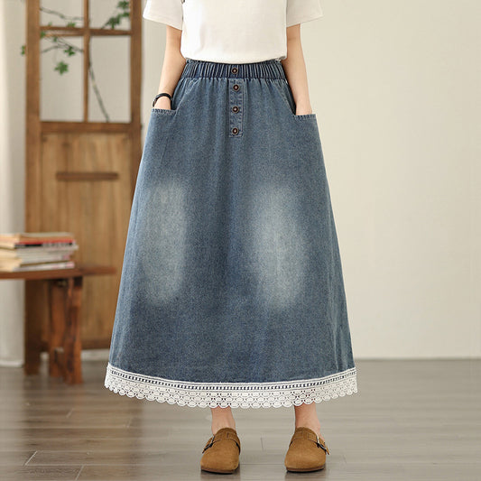 Summer New Plus Size Loose Slimming Plump Girls Stitching Lace Denim Skirt