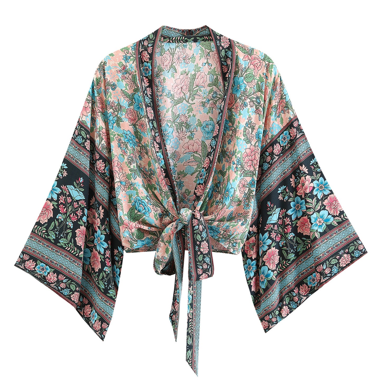 Printed V-neck Batwing Sleeve Blouse