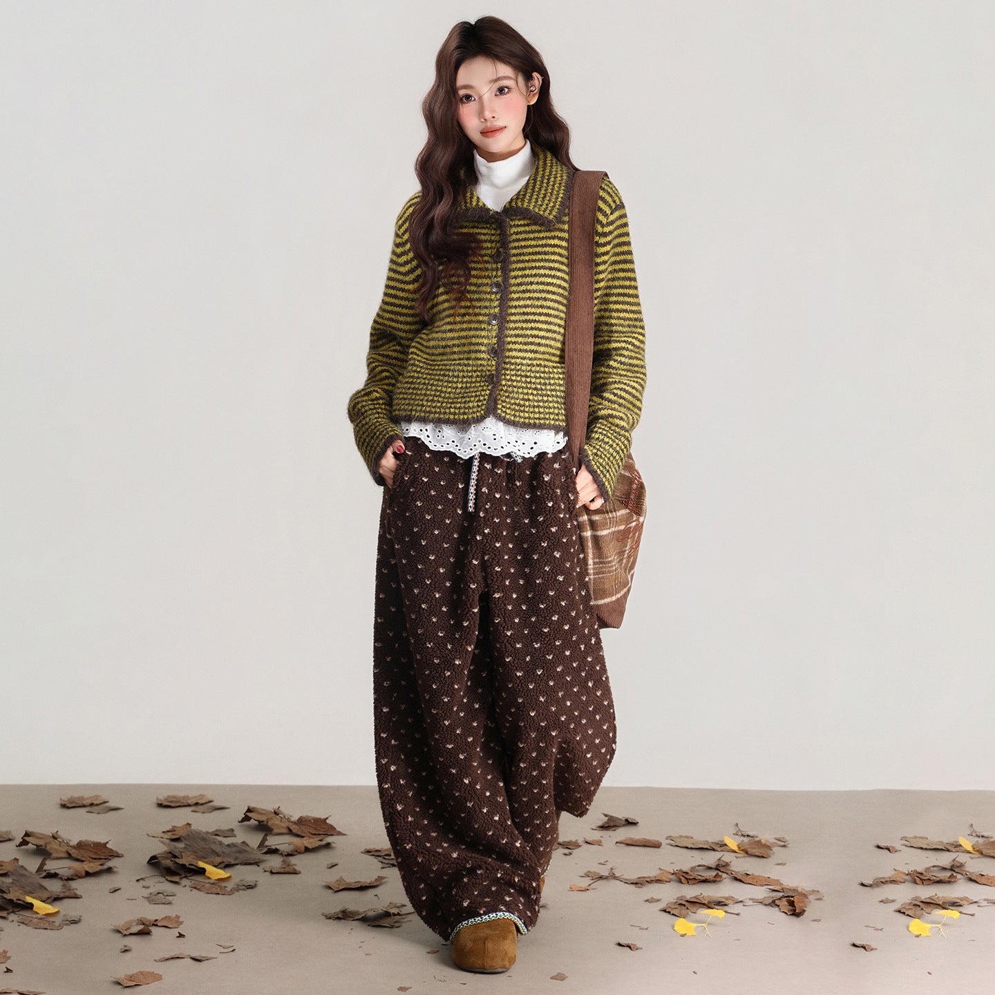 Polo Collar Striped Single-breasted Knitted Sweater Long Sleeve