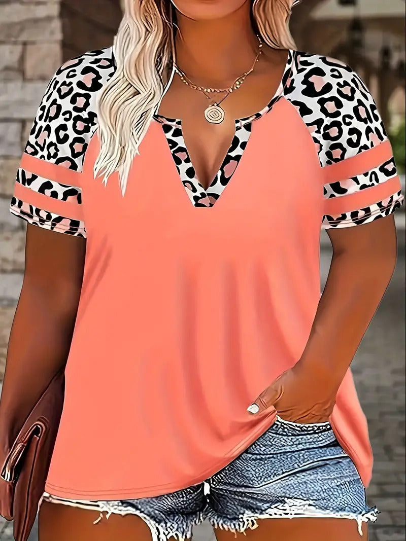 Leopard Print Printed V-neck Women's Versatile Casual Slim-fit Short Sleeve