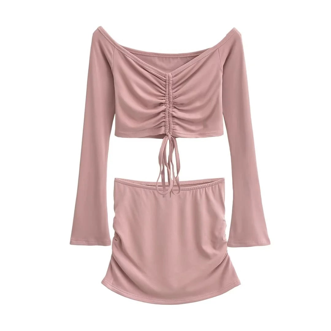 Solid-color Drawstring Pleated Wrap Skirt And Top Set For Women
