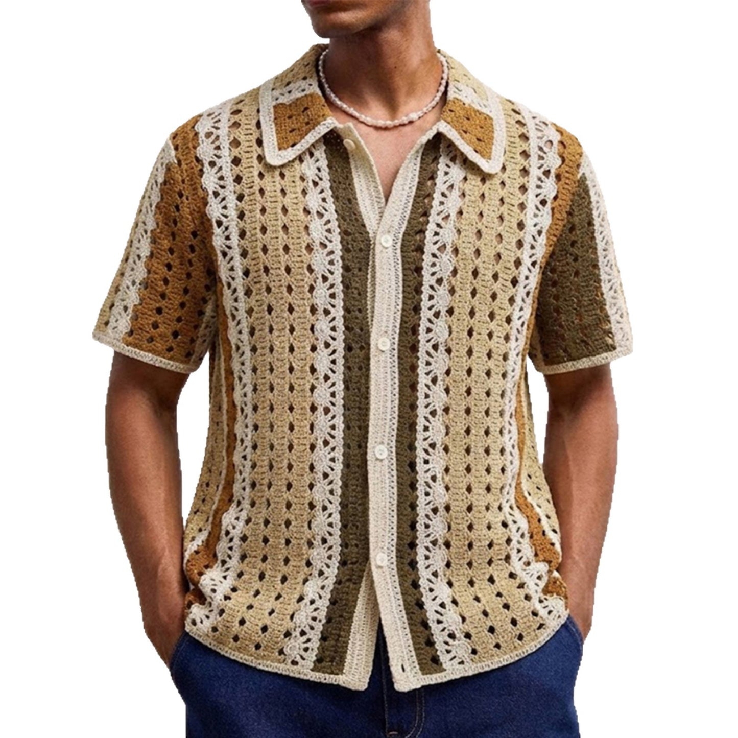 Mens Fashionable Water-Soluble Crochet Knit Sweater