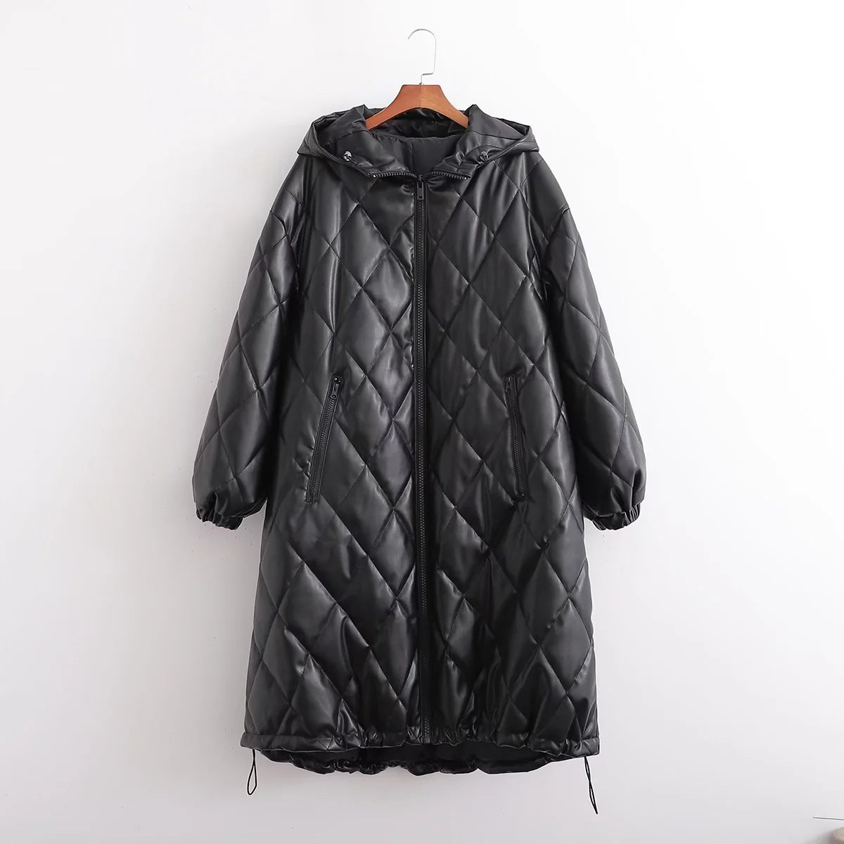 Commuter Light Cooked Style Rhombus Line Imitation Leather Coat