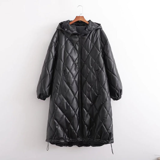 Commuter Light Cooked Style Rhombus Line Imitation Leather Coat