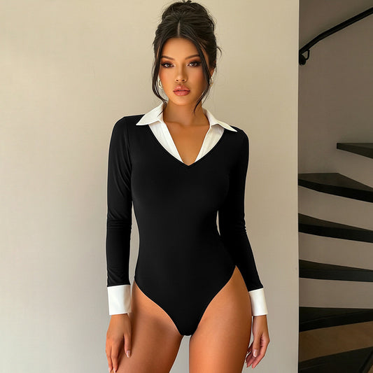 Jumpsuit til kvinder med kontrastrevers og lappet falsk todelt design