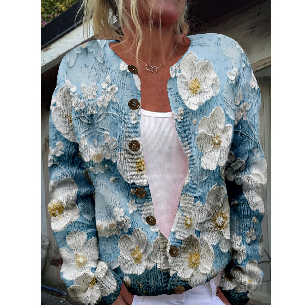 Ny strikket cardigan med 3D-print i løs pasform til damer – efterårs- og vinterstil