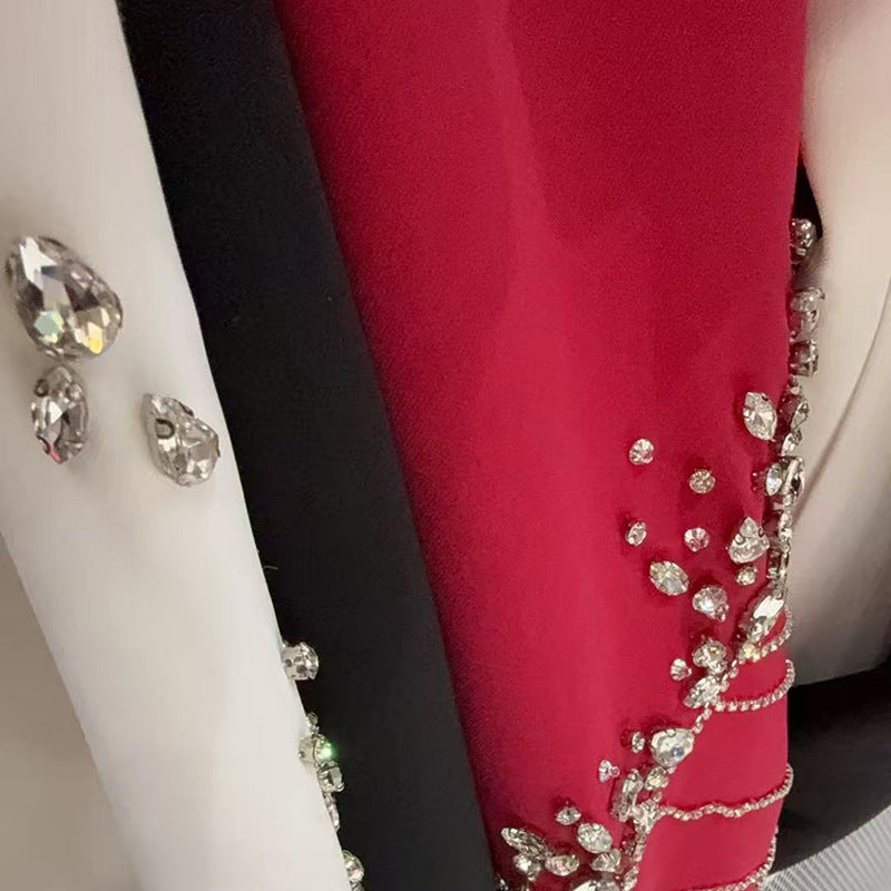 Womens Long Dress With Long Sleeves Crew Neck And Rhinestone-Embellished Floral Design