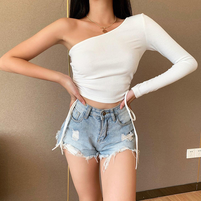 New Fashion Slant Collar Drawstring Top Women's Tight Knitting