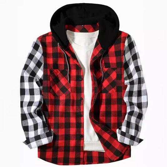 Patchwork Plaid Hooded Long-sleeved Shirt