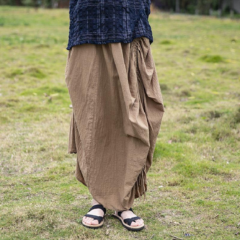 Irregular Drawstring Lace Linen Long Skirt Travel Loose Slimming Distressed