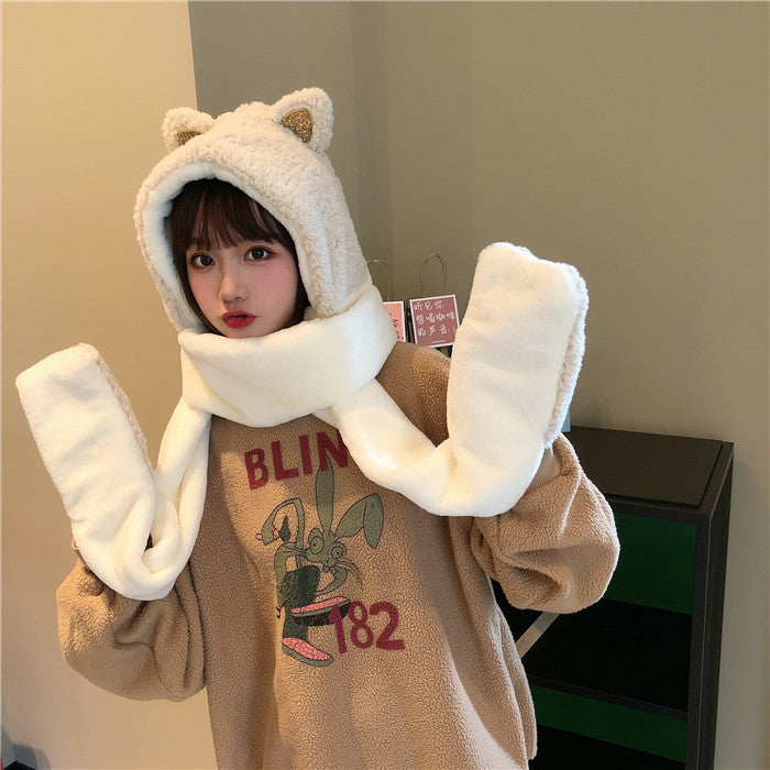 Cute Cat Ears Color Matching Plush Hooded Scarf