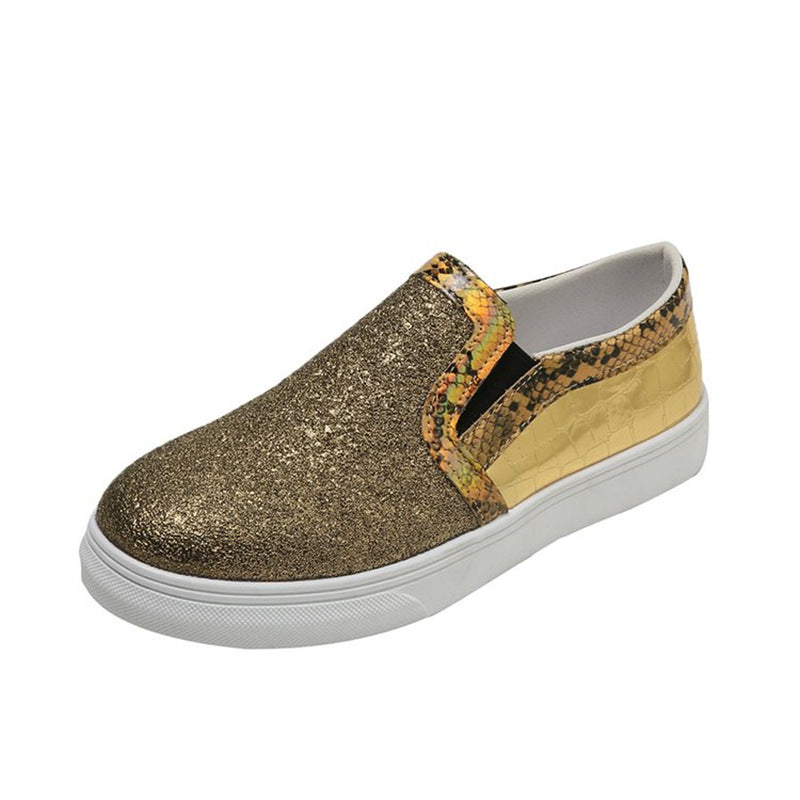 Flat Bottom Snake Pattern Pumps Female Sequins Round Toe Board Shoes