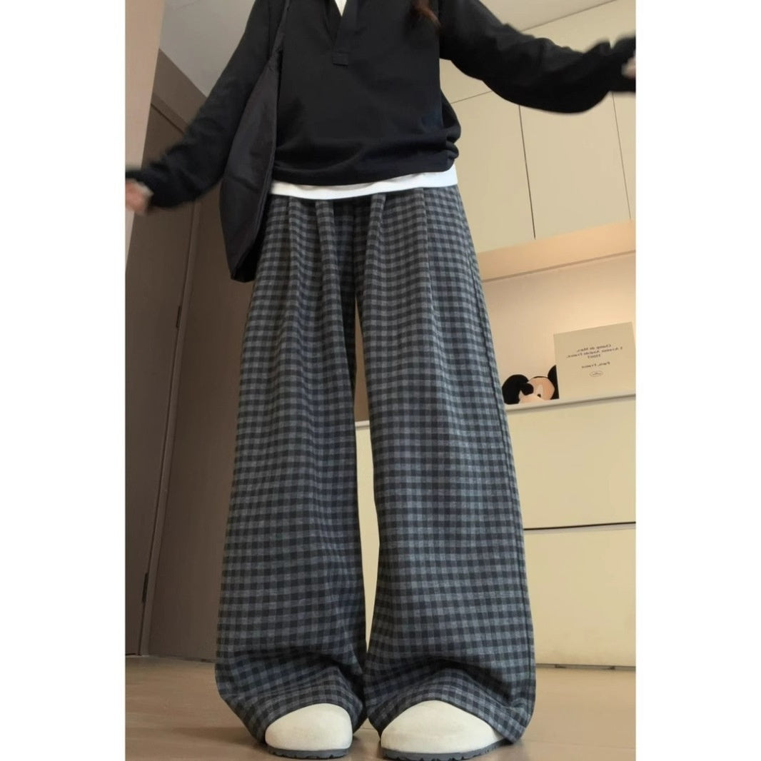 Løse Og Alsidige Fleece-ternede Wide-leg Bukser Til Kvinder