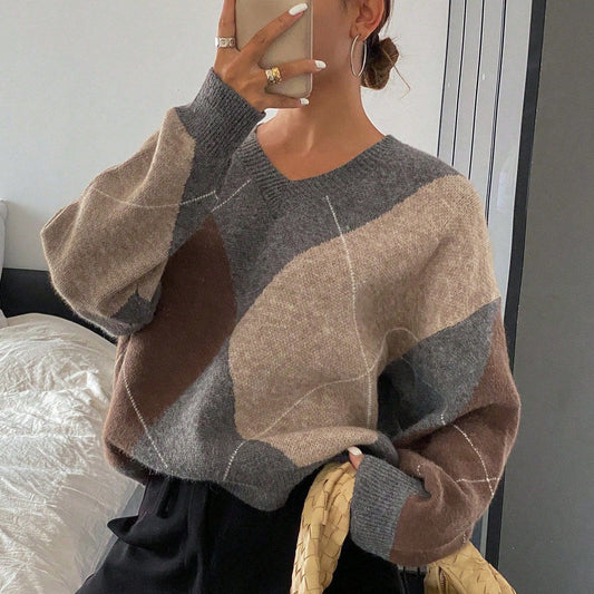 Retro Hit Color Diamond Lattice V-neck Sweater Women's Korean Style Idle Style