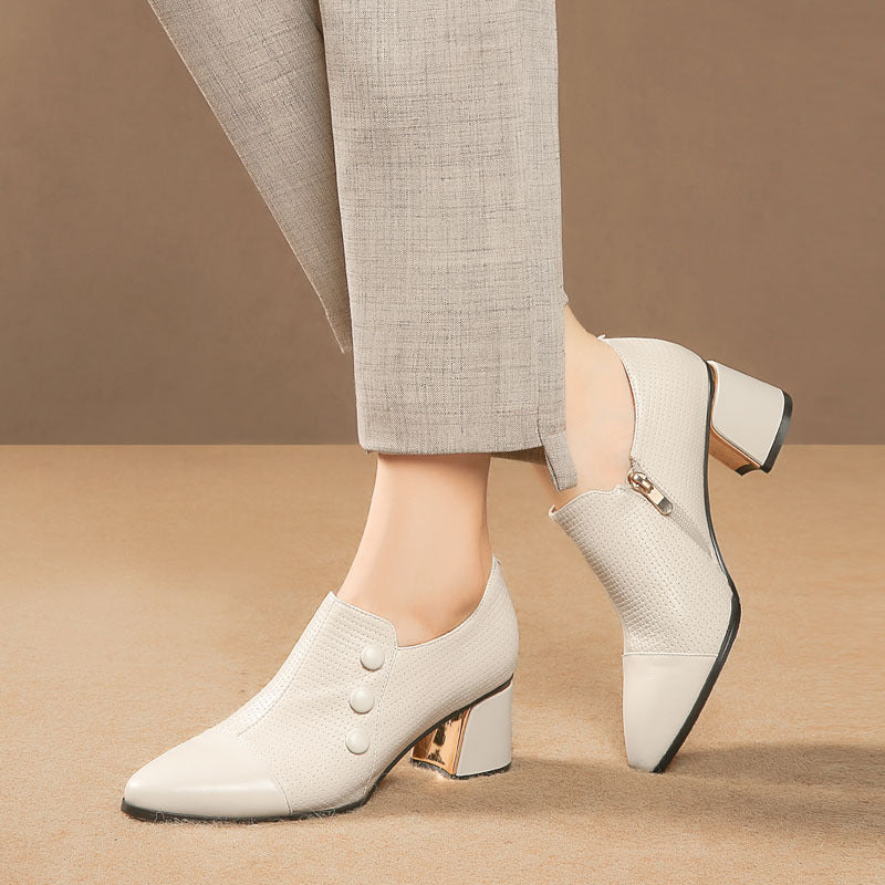 New Thick-heeled High-heeled Pointed Toe Off-white Solid Color Women's Large Size Shoes