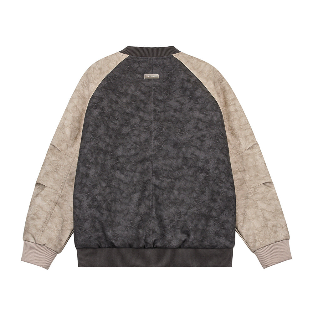 Color Contrast Patchwork Raglan Sleeve Baseball PU Leather Cotton Jacket