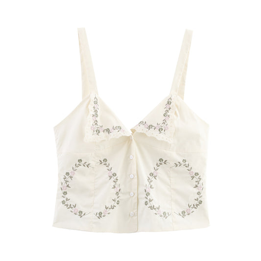 Summer European And American Style Simple Embroidered Poplin Sling Top