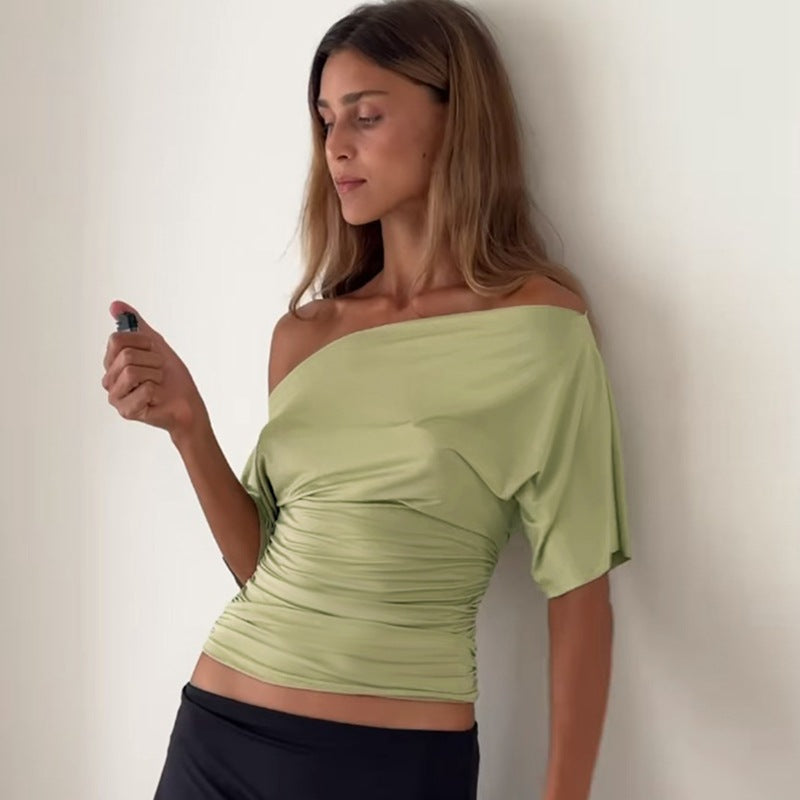 Dame sommer off-shoulder T-shirt med korte ærmer, plisseret talje og slankende effekt