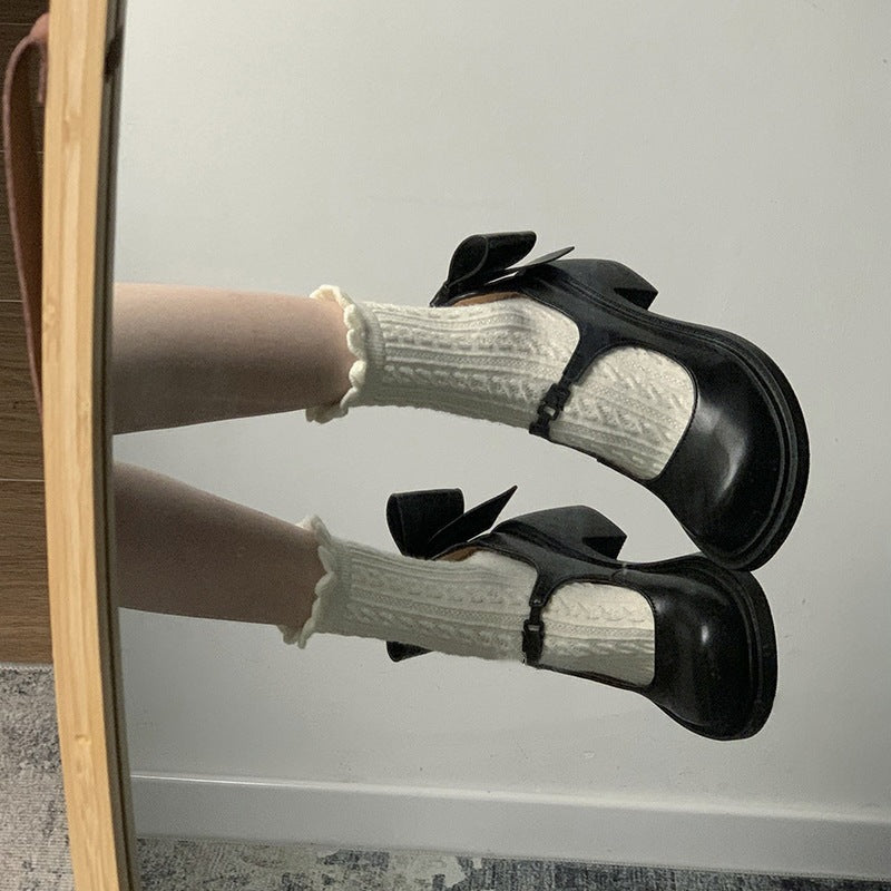 Black Japanese Jk Height Increasing Chunky Heel Leather Shoes For Women