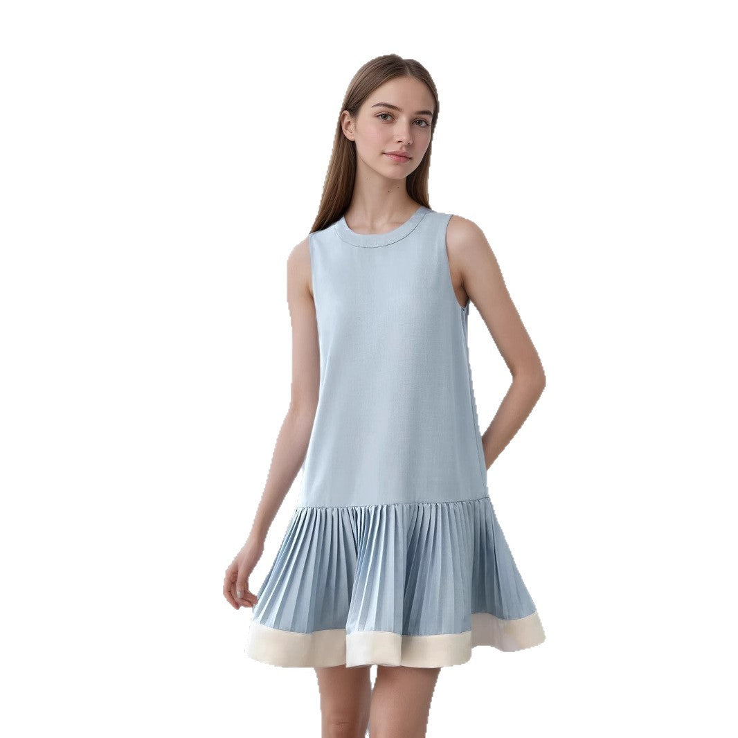 Womens Crew-Neck Vest Pleated Patchwork Sleeveless Dress