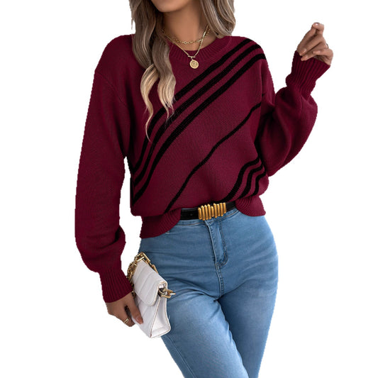 Women's Casual Striped Round Neck Lantern Long Sleeve Pullover Sweater