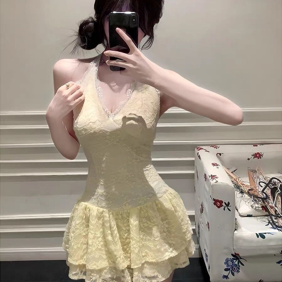 Womens Elegant Knitted Blouse And Lace Dress Two-Piece Set