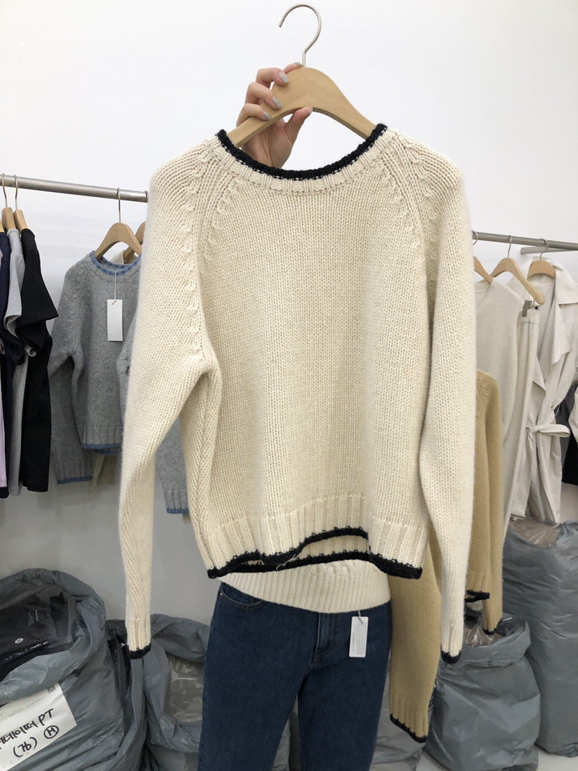 Contrast Color Knitted Collar Round Neck Sweater