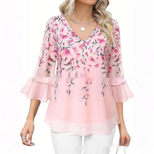 Women's Fashion Casual Top Pleated 34 Sleeve V