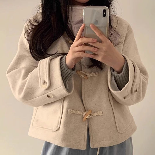Horn Button Design Large Pocket Loose Versatile Hooded Woolen Short Coat