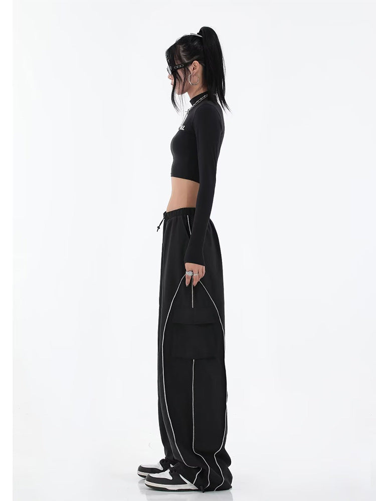 Skinny Black Sports Pants Functional Retro High Waist Loose All-matching