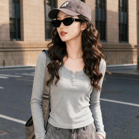 Semi-open Round Neck T-shirt Women's Slim-fit Top