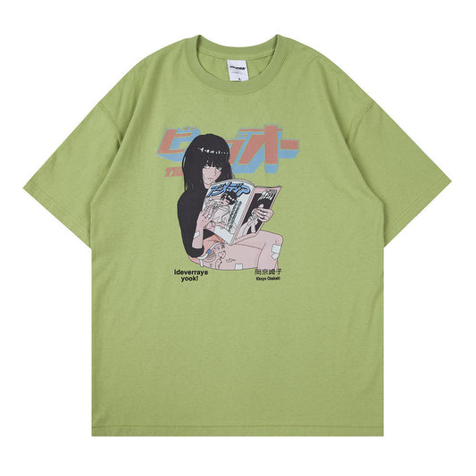 Loose Crew Neck Cartoon Print Short Sleeves