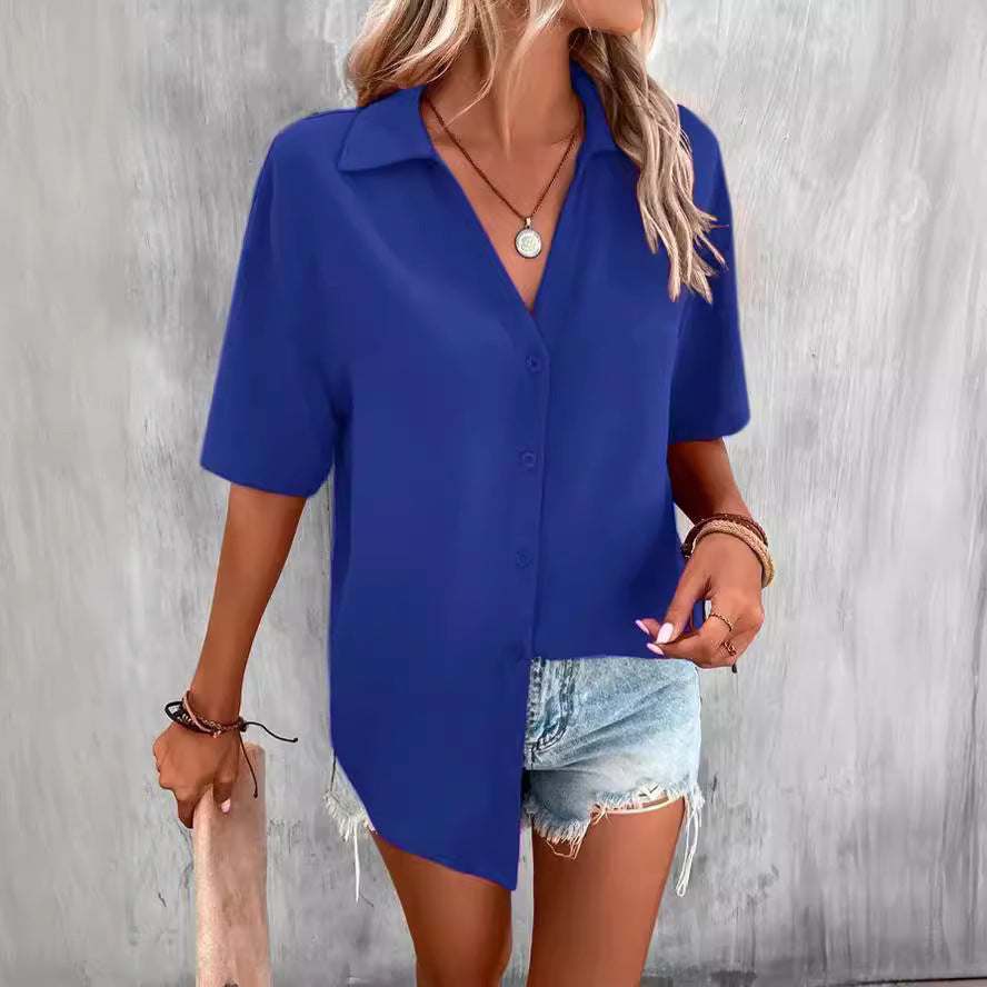 Temperament Pure Color V-neck Shirt Women's Top Short Sleeve
