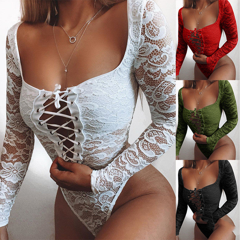European And American Lace Up Square Neck Jumpsuit