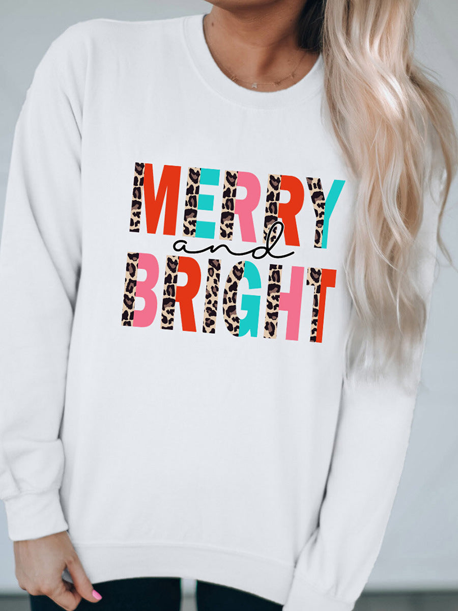 Rainbow Letter Splicing Leopard Print Design Sweater European American Simple Versatile