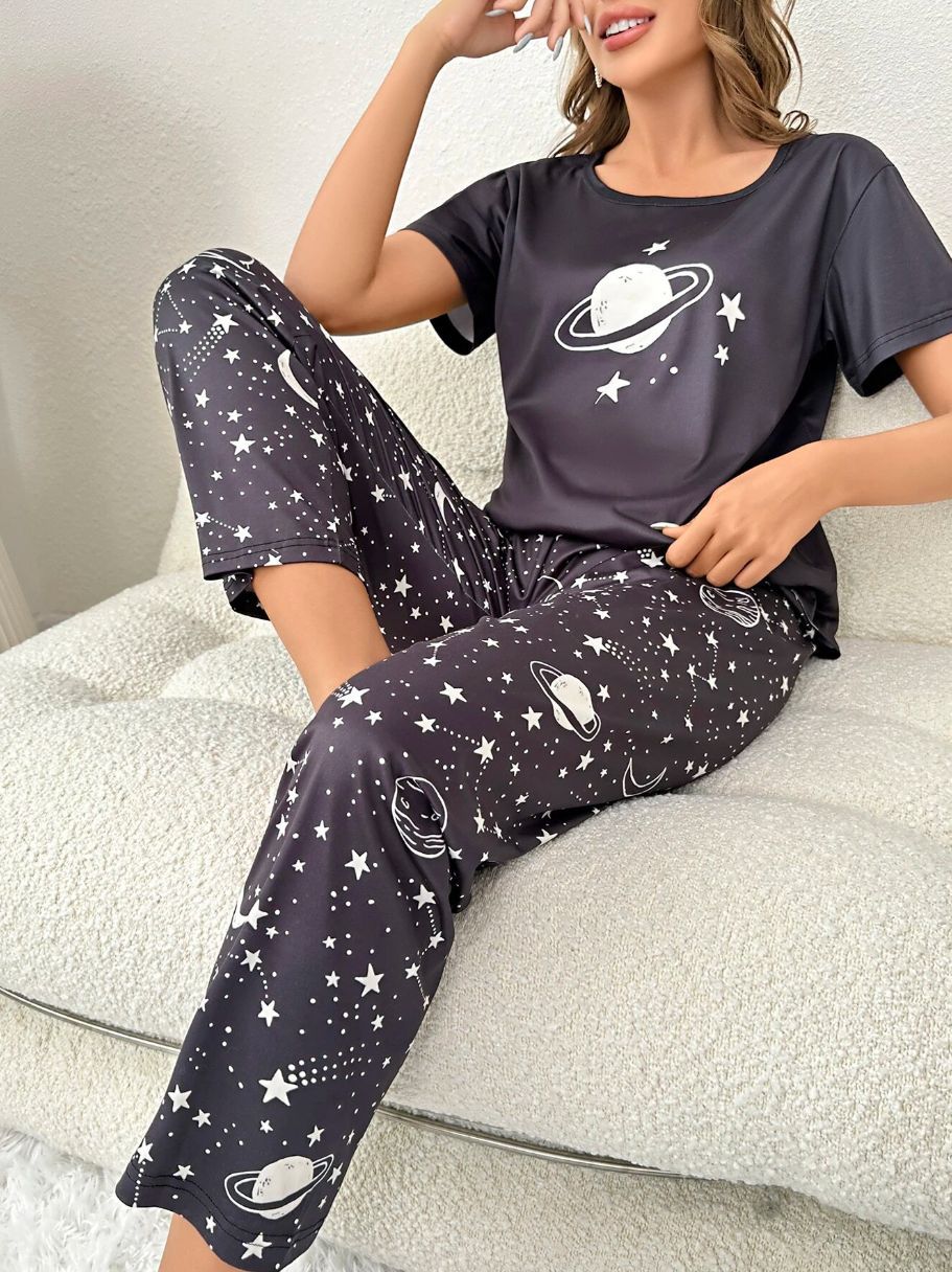 Home Round Neck Printed Short Sleeve T-shirt Top And Trousers Suit