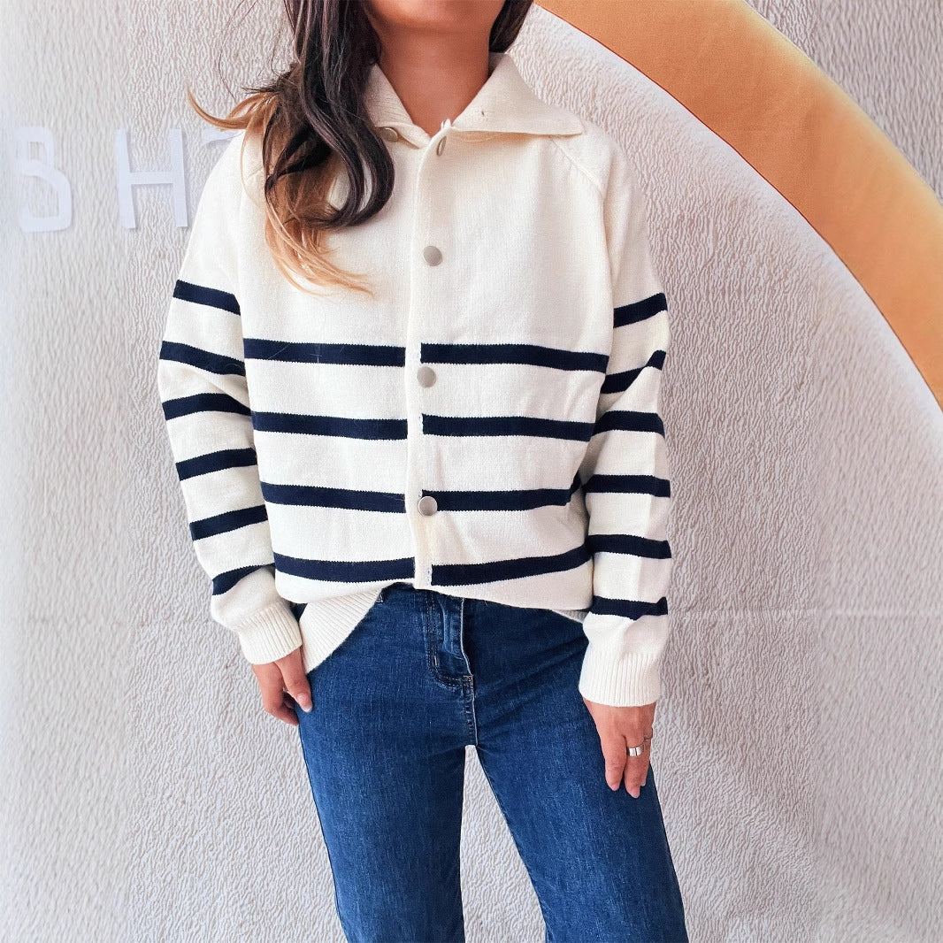 Fashion Loose Button Casual Contrast Color Striped Knitted Sweater