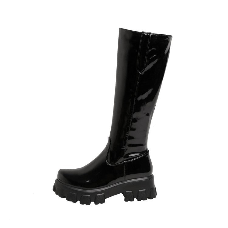 Women Knee High Boots Wedges High Heels Platform Lace Up Plush Inside Warm Fur