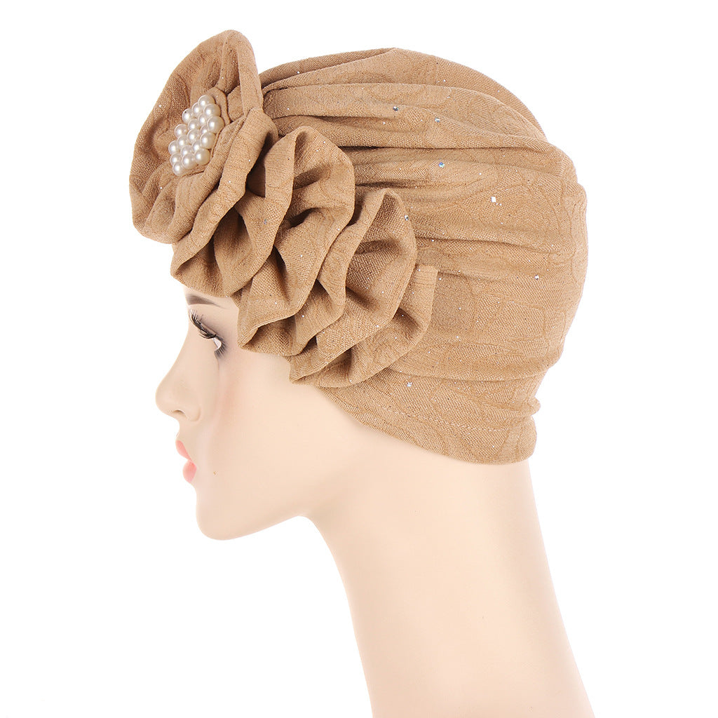 Flower Sprinkled Gold Creased Long Strip Single Side Decal Turban Hat