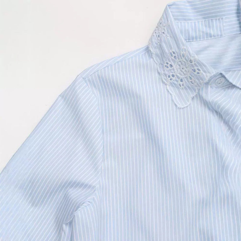 European And American Style Fashion All-match Hollow Embroidered Stripes Short Shirt