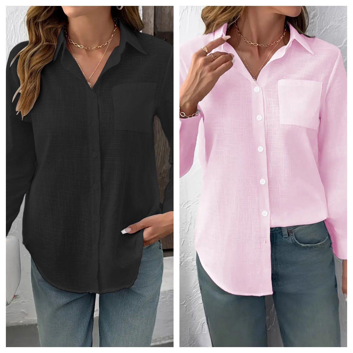 Lapel-collar Casual Pleated Loose-fitting Long-sleeve Womens Blouse
