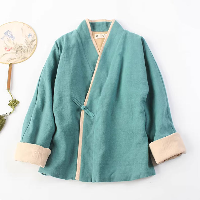 Lapel-button Tang-style Cotton-linen Modified Hanfu Tea-wearing Outfit Womens Zen Meditation Attire