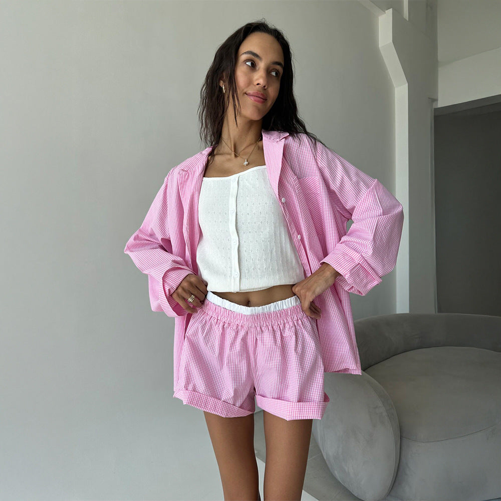 Plaid Long-Sleeve Shorts Pajama Set