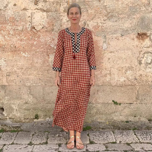 Womens Printed Crew-Neck Long-Sleeve Patchwork Casual Fashion Dress