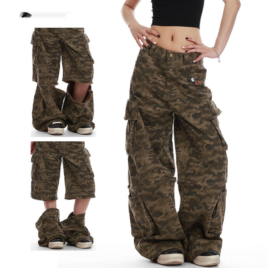 Camouflage Multi-bag Women's Wide-leg Pants Summer Detachable Cropped Pants