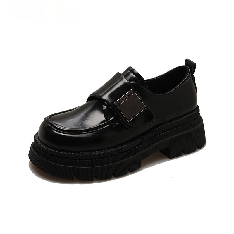 Women's Black Chunky Heel Leather Shoes British Style
