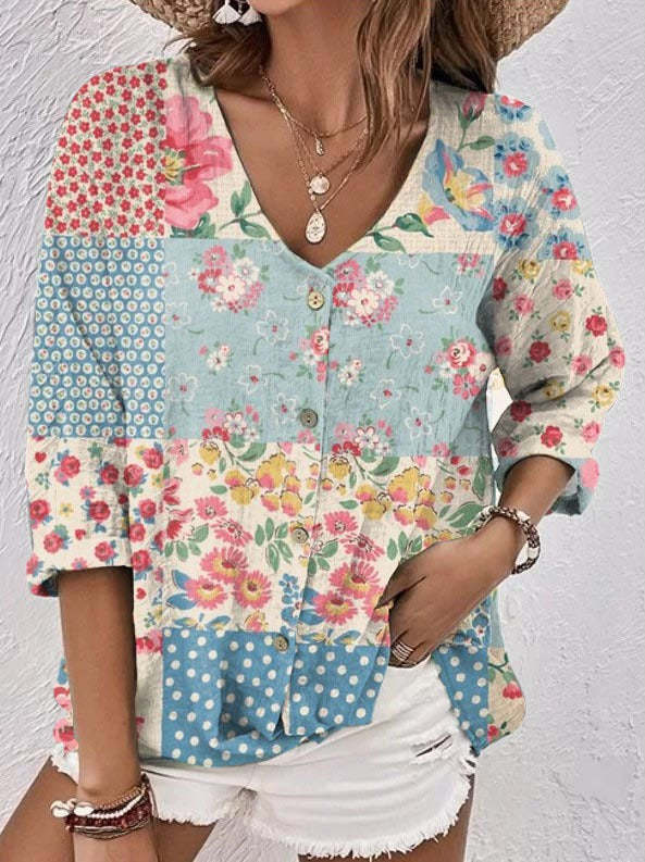 Dame-T-shirt med V-udskæring, korte ærmer og oliemaleriprint