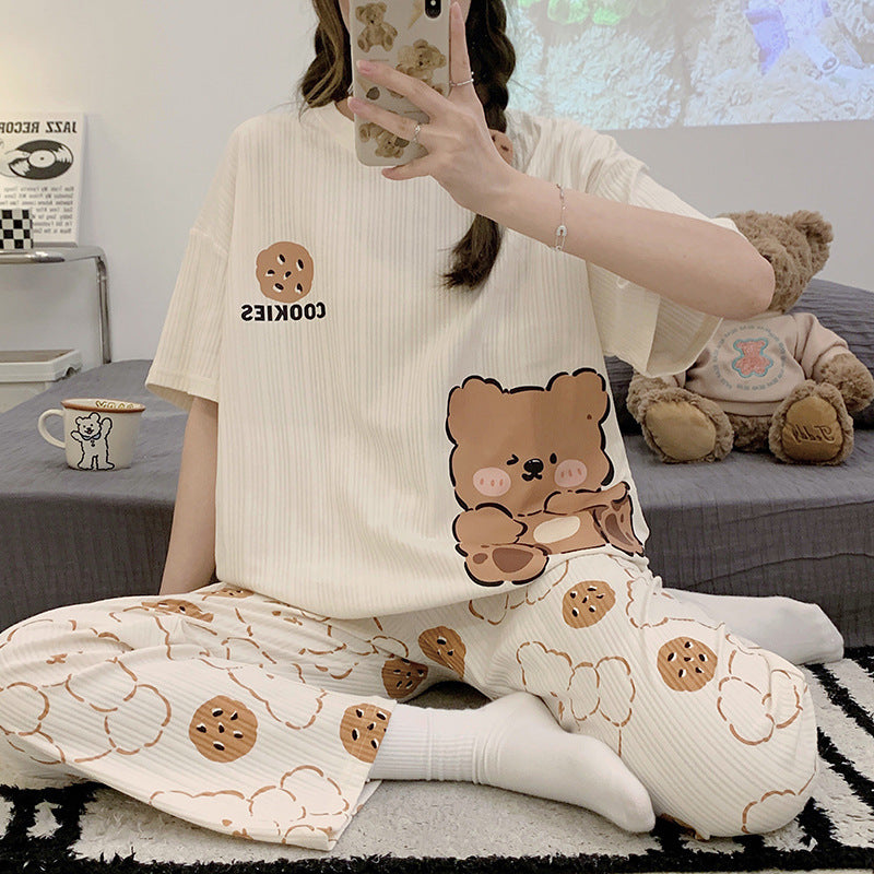 Summer Pajamas Women's Short-sleeved Trousers Cotton Two-piece Set