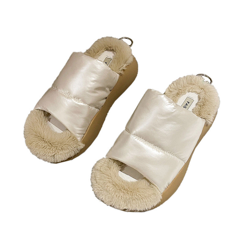 Thick Soled Warm Down Plush Slippers For Women's Outer Wear  Toed Flip Flops